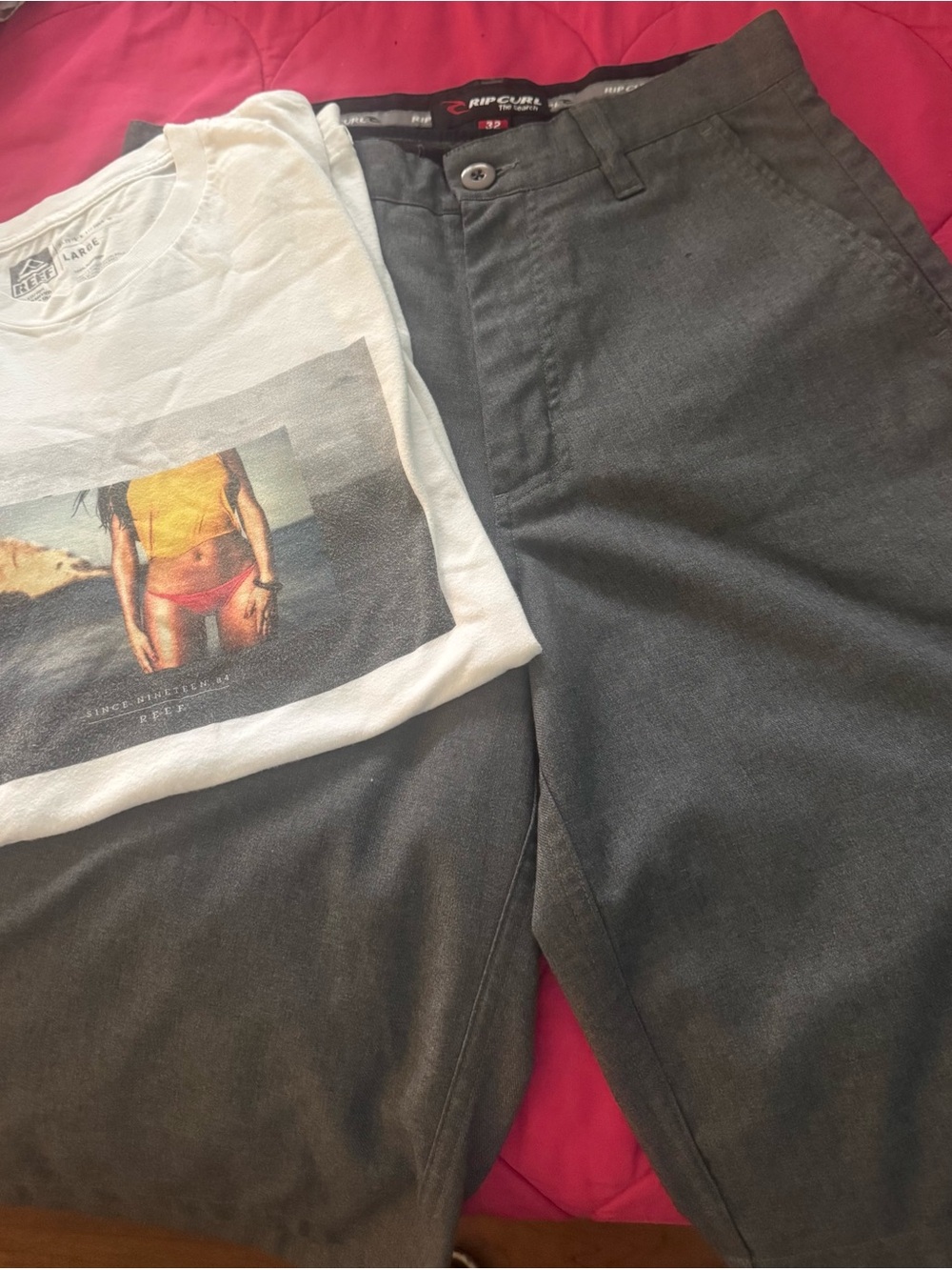 Rip Curl Gray Pants with Red Waistband Detailing and White Reef Tshirt